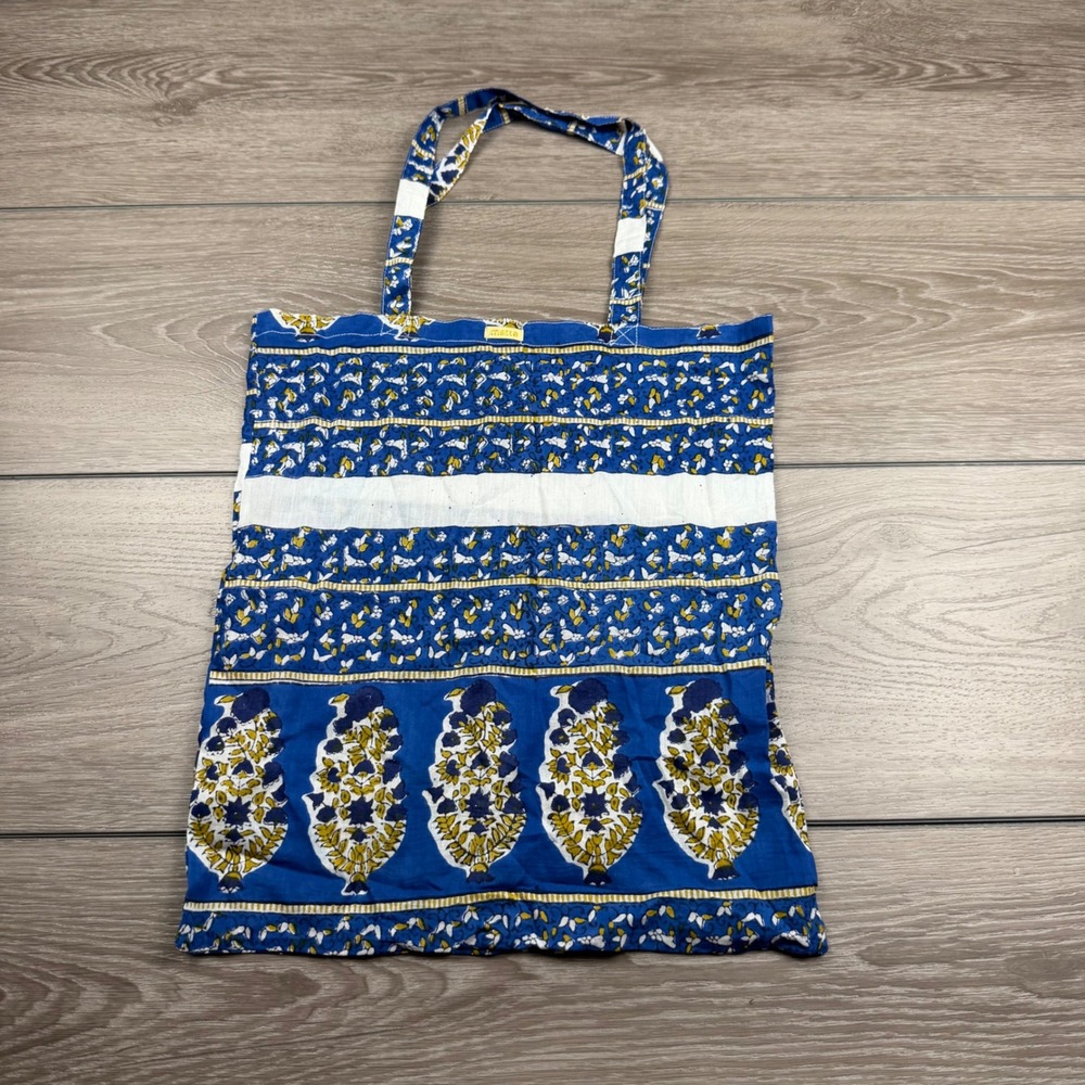 Matta Womens Tote Bag Block Print Floral Cotton Blue OS